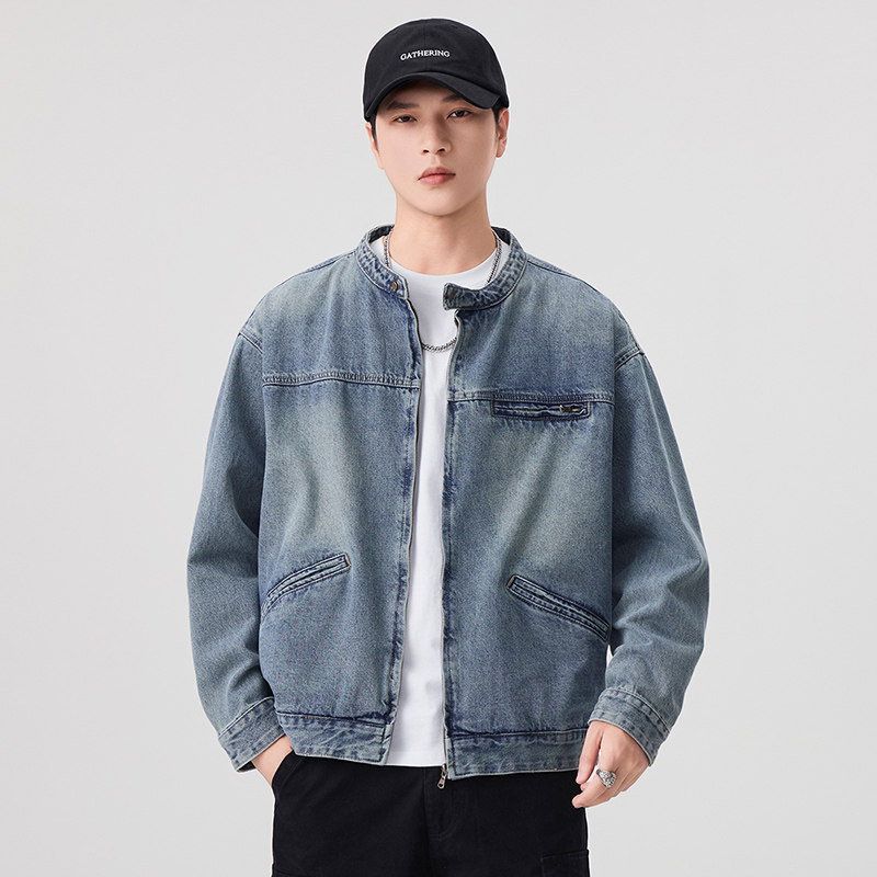 美式复古立领拉链牛仔夹克男春秋宽松工装外套高级感痞帅休闲上衣