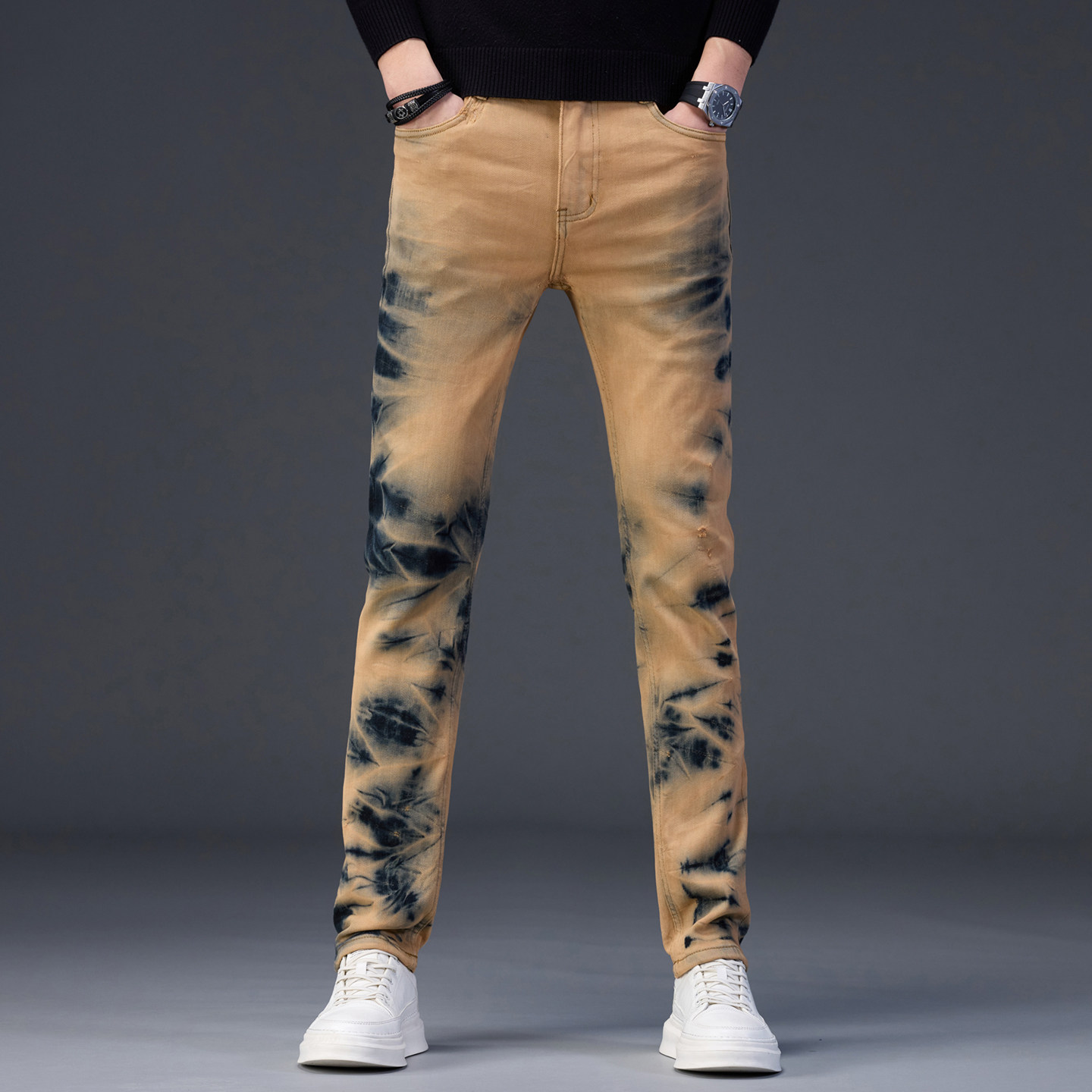 高端潮牌渐变扎染牛仔裤男秋冬季修身小脚弹力复古休闲长裤子欧货