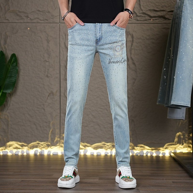 夏季烫钻小脚修身男士牛仔裤