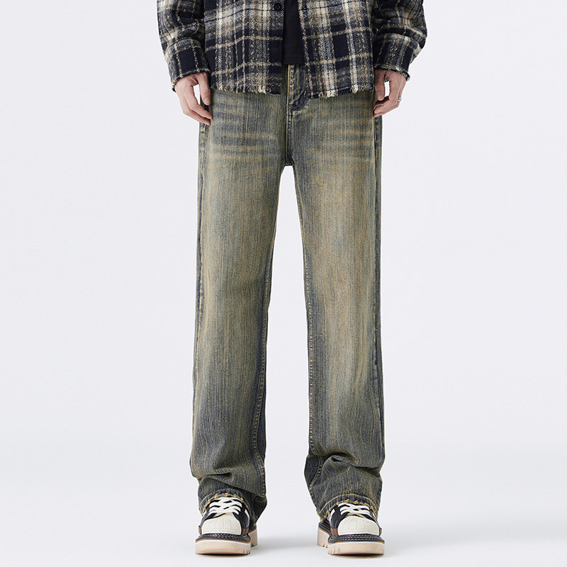 美式复古潮牌牛仔裤男做旧水洗修身直筒微喇叭休闲百搭长裤子春秋