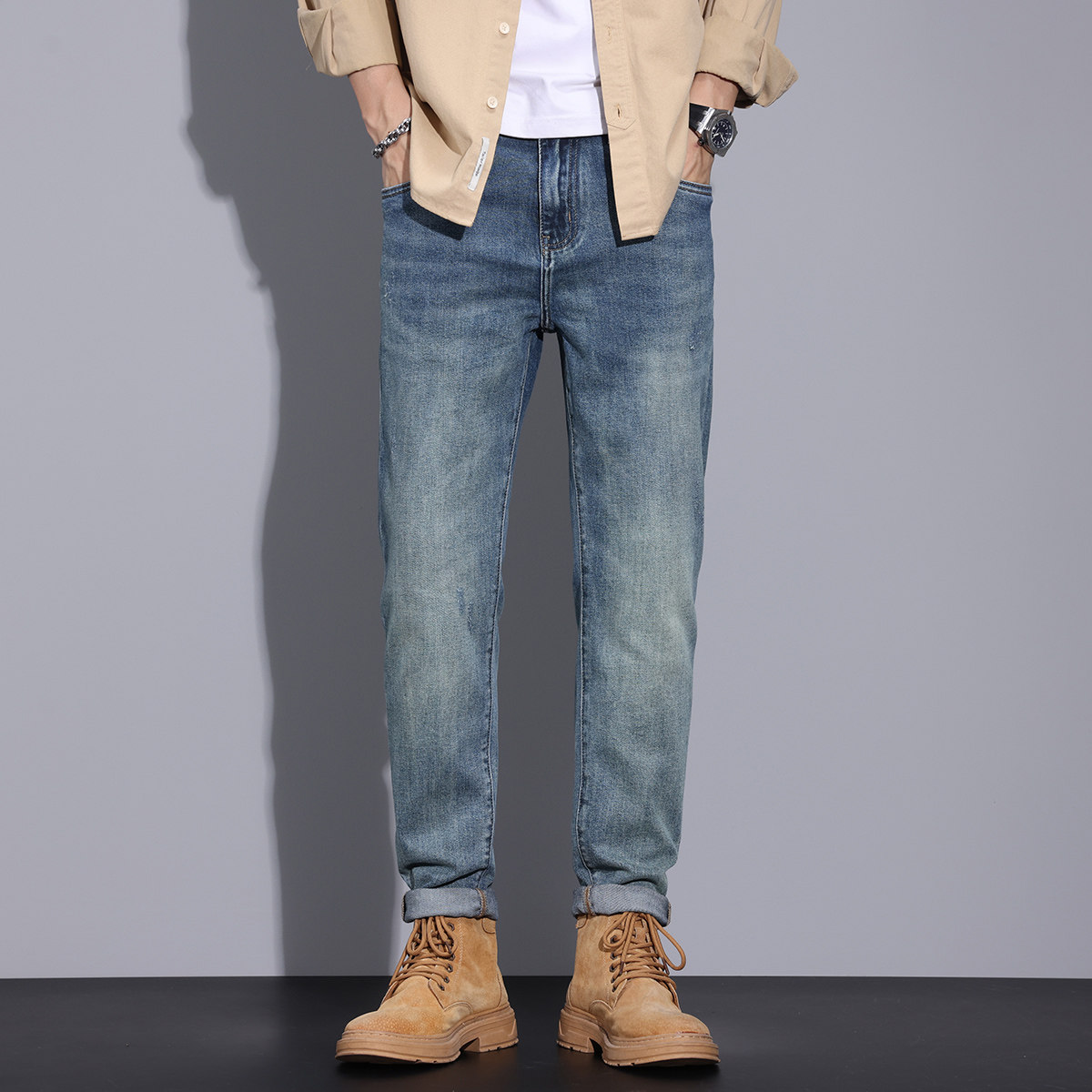 春秋季搭配马丁靴轻奢复古牛仔裤男潮牌百搭休闲弹力修身小脚裤子