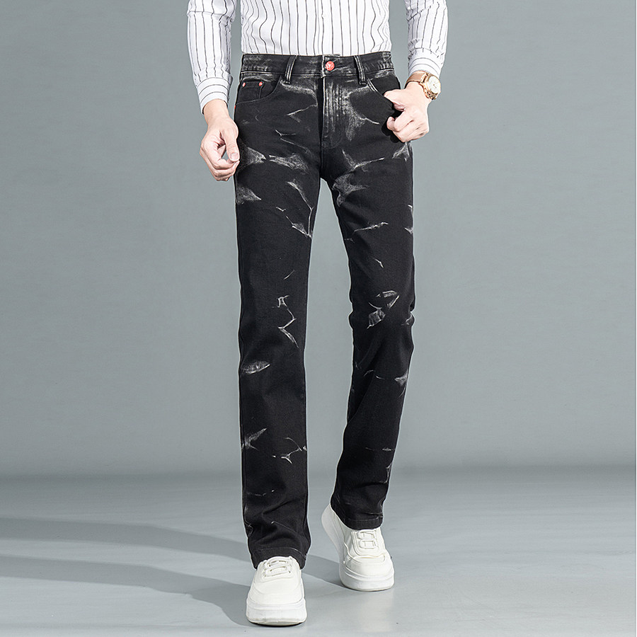 高端水墨印花黑色牛仔裤男款潮牌痞帅秋冬季宽松直筒长裤韩版潮流