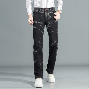 高端水墨印花黑色牛仔裤男款潮牌痞帅秋冬季宽松直筒长裤韩版潮流