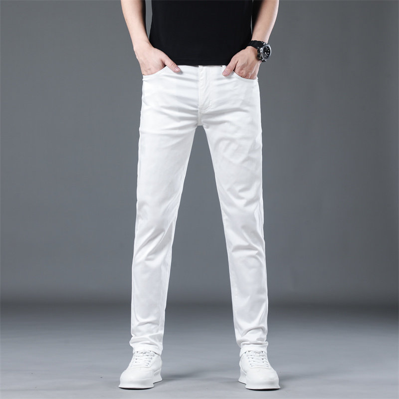 高端白色牛仔裤男修身直筒欧洲站抗污耐脏夏季薄款三防休闲裤子