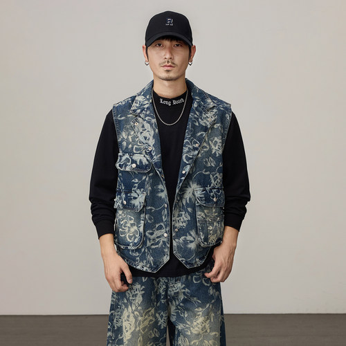男士牛仔印花多口袋潮流马甲