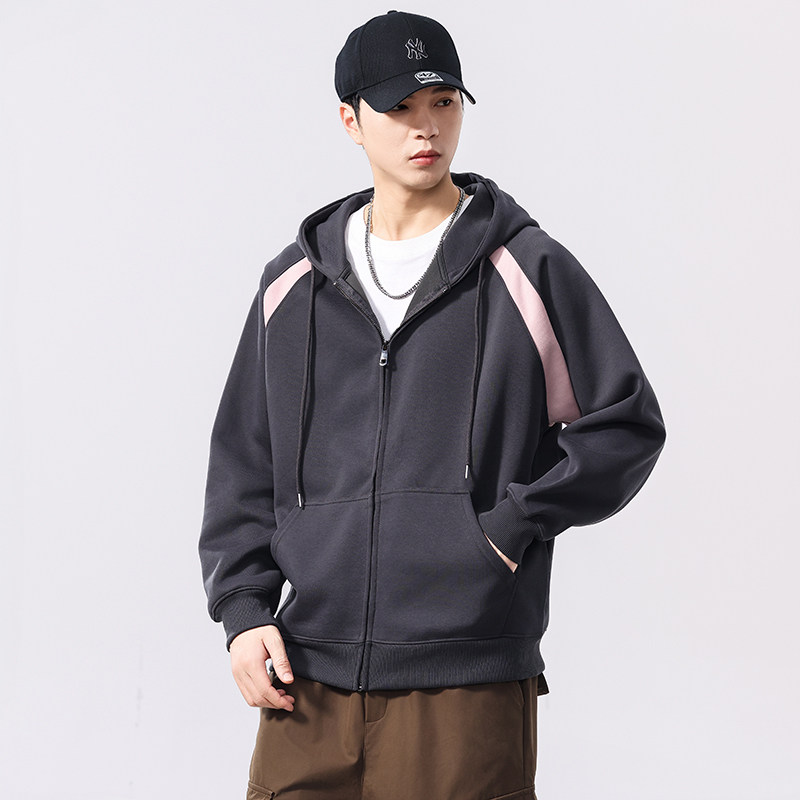 美式重磅灰色连帽休闲卫衣外套男生潮牌宽松拼接撞色拉链开衫上衣