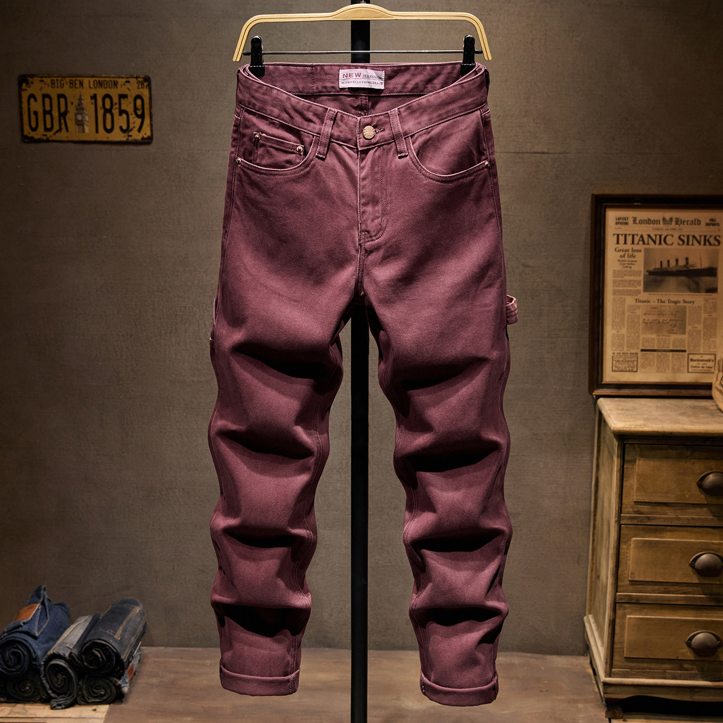 美式休闲复古迷彩工装牛仔裤男秋冬季潮牌痞帅个性宽松直筒长裤子