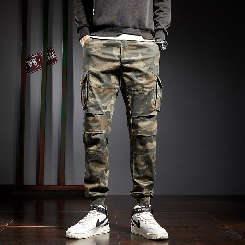 秋季新款潮牌迷彩工装裤男宽松束脚韩版潮流休闲裤户外军绿色裤男