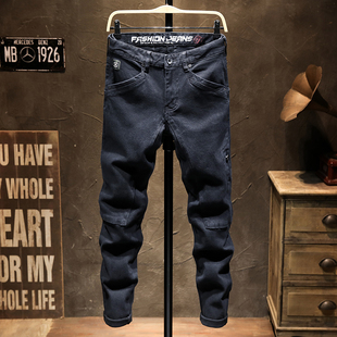 春秋季黑色潮牌刺绣工装牛仔裤男机车拼接弹力修身小脚休闲长裤子