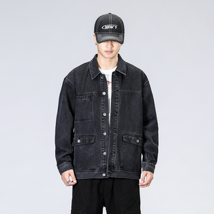 美式黑色牛仔外套男款高级感春秋季宽松大码机车工装夹克衫上衣服