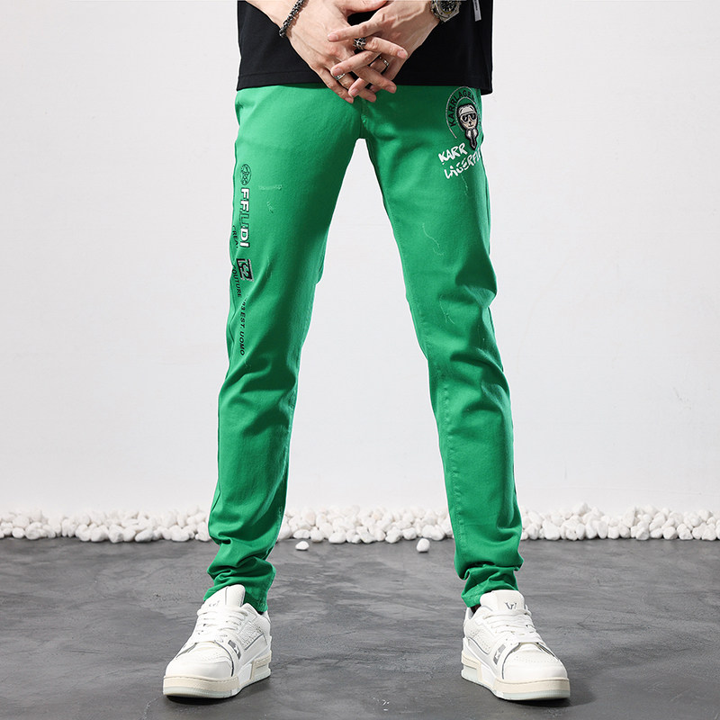 夏季薄款橙红印花工装牛仔裤男弹力修身小脚时尚潮流休闲裤子男款