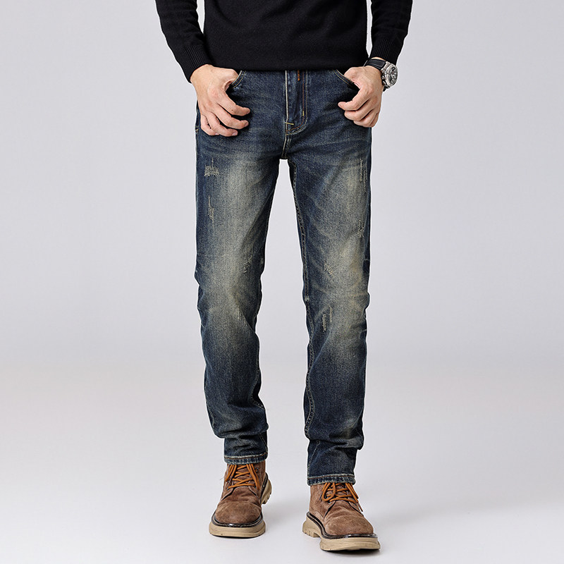 美式复古高级感男士牛仔裤秋冬季修身直筒弹力潮牌休闲男款长裤子