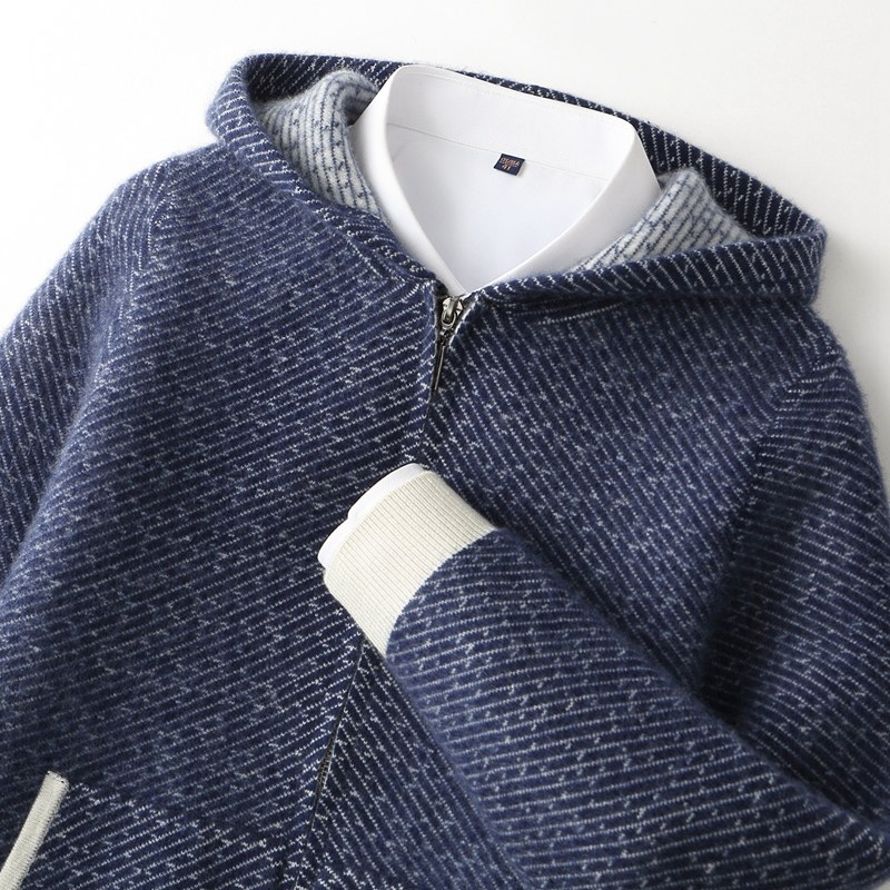 100%纯羊毛衫男士连帽开衫毛衣外套宽松休闲针织衫羊绒商务上衣