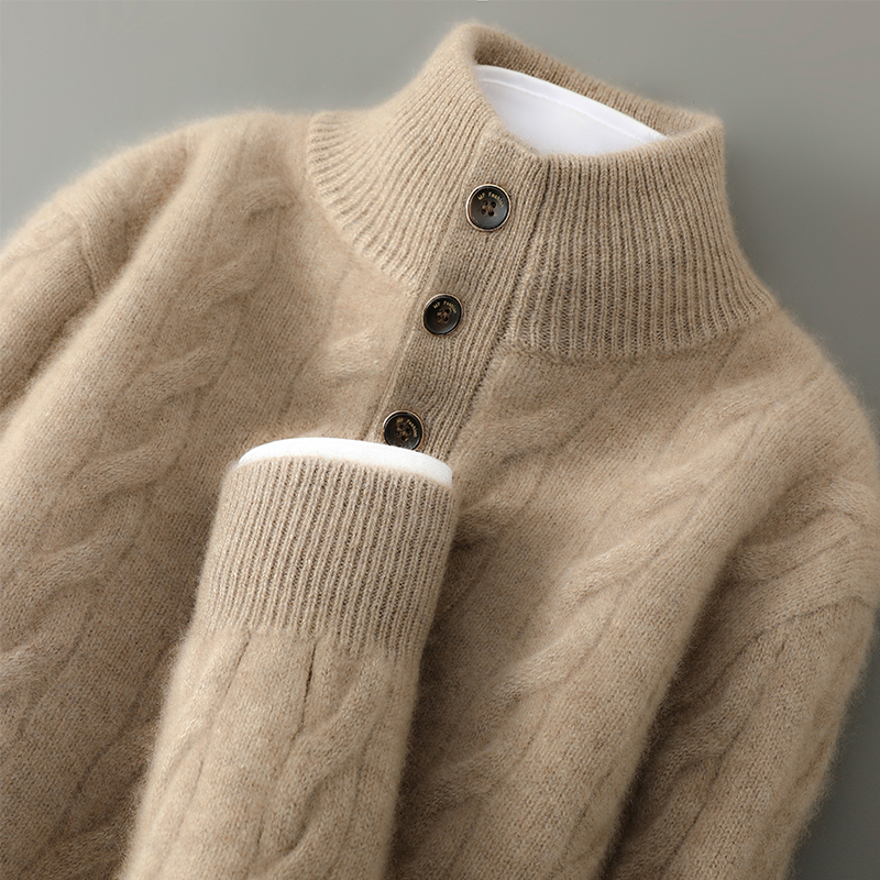 冬季半高领100羊毛衫男士套头毛衣宽松扭花纯色羊绒针织商务打底