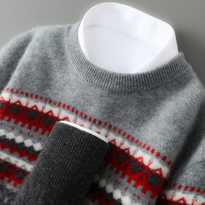 100%纯羊毛衫男士花型拼色圆领加厚提花针织衫宽松休闲毛衣打底衫