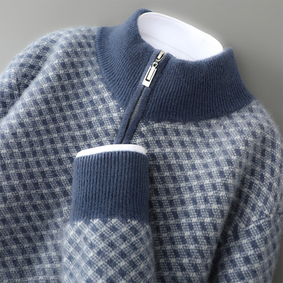 100%纯羊毛衫男士半高领拉链针织衫加厚毛衣商务休闲套头打底衫