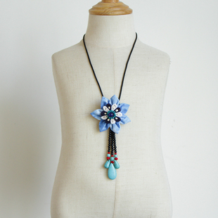 民族风复古蓝色扎染项链中国挂饰风百搭长款搭配文艺蓝染原创毛衣