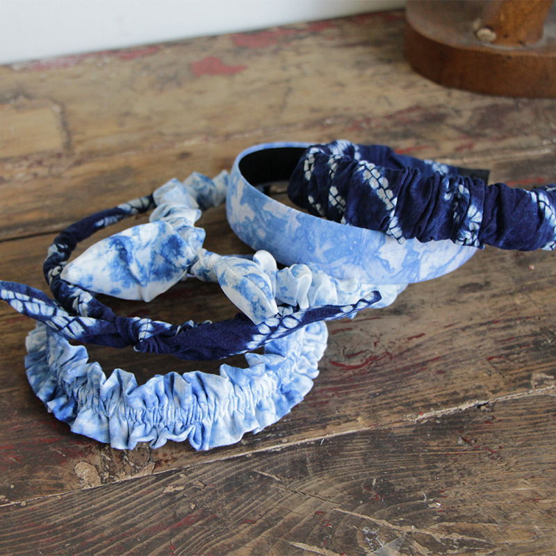 批发大理丽江民族风手工扎染布艺发箍木耳边发卡蝴蝶结饰蓝白发饰
