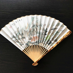 个性 95寸玉竹棕竹折扇山水画面人工手绘苏工扇面 订制 堂扇子 怀袖