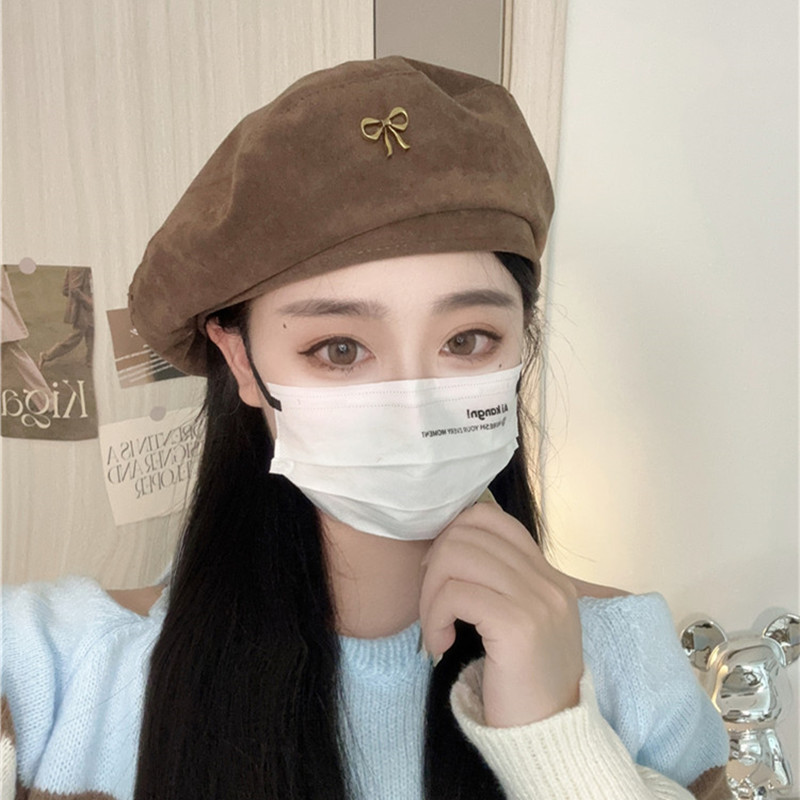 橘子哥哥2024年秋季时尚蝴蝶结贝雷帽女美拉德纯色气质画家帽有型