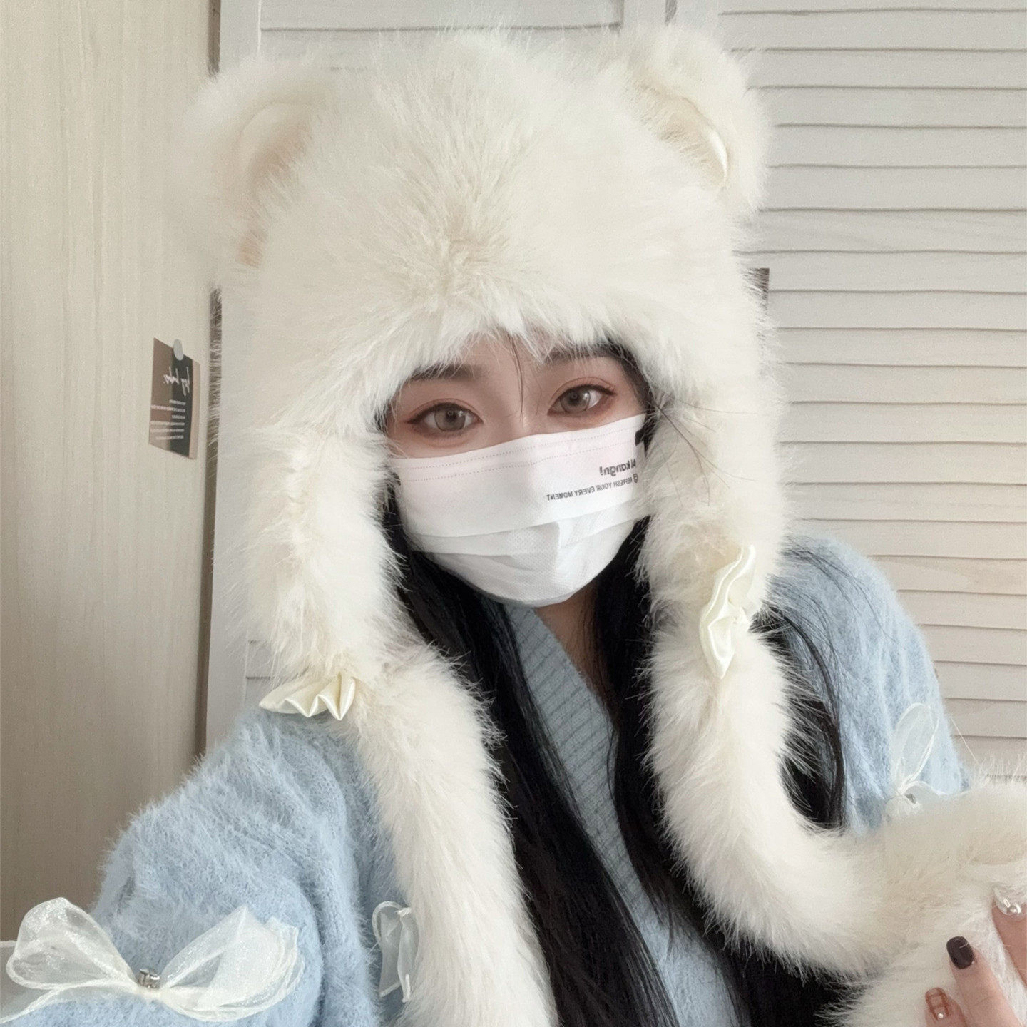 橘子哥哥可爱小熊耳朵绑带毛绒雷锋帽女冬季加绒防寒甜美护耳帽子