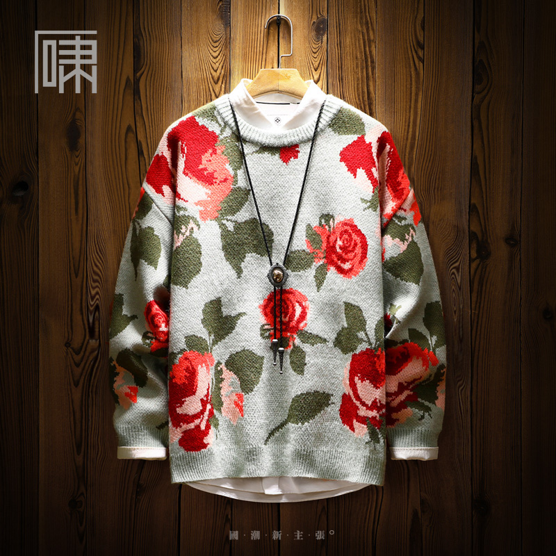 潮牌国潮高街玫瑰花毛衣