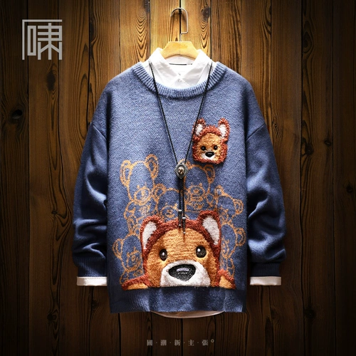 Демисезонный дизайнерский японский ретро трикотажный свитер, тренд сезона, с медвежатами