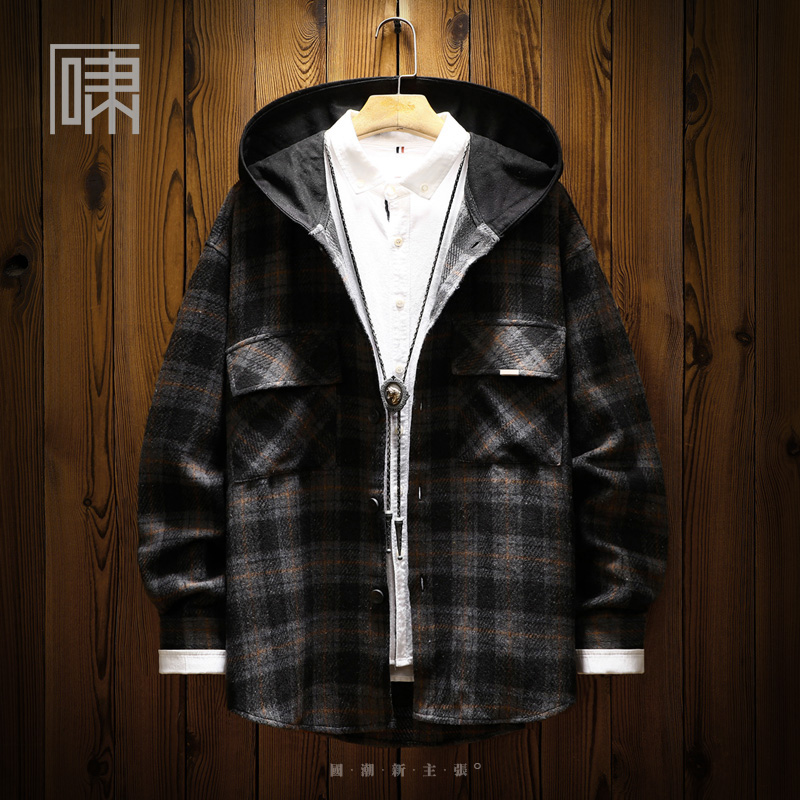 【断码】秋季连帽长袖格子衬衫 男复古小众潮男衬衣寸衫男装外套