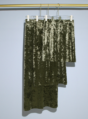 高端春夏新款咸菜绿色钻石绒国风高级感高腰中长款A字直筒半身裙