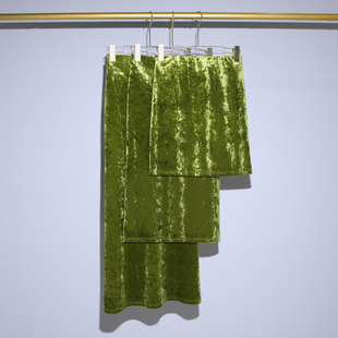 果绿色 高端春夏新款钻石绒国风高级感高腰中长款A字直筒半身裙女