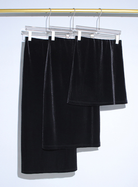 高密度！黑色丝绒 高腰半身裙 秋冬显瘦长裙松紧腰开叉A字直筒裙