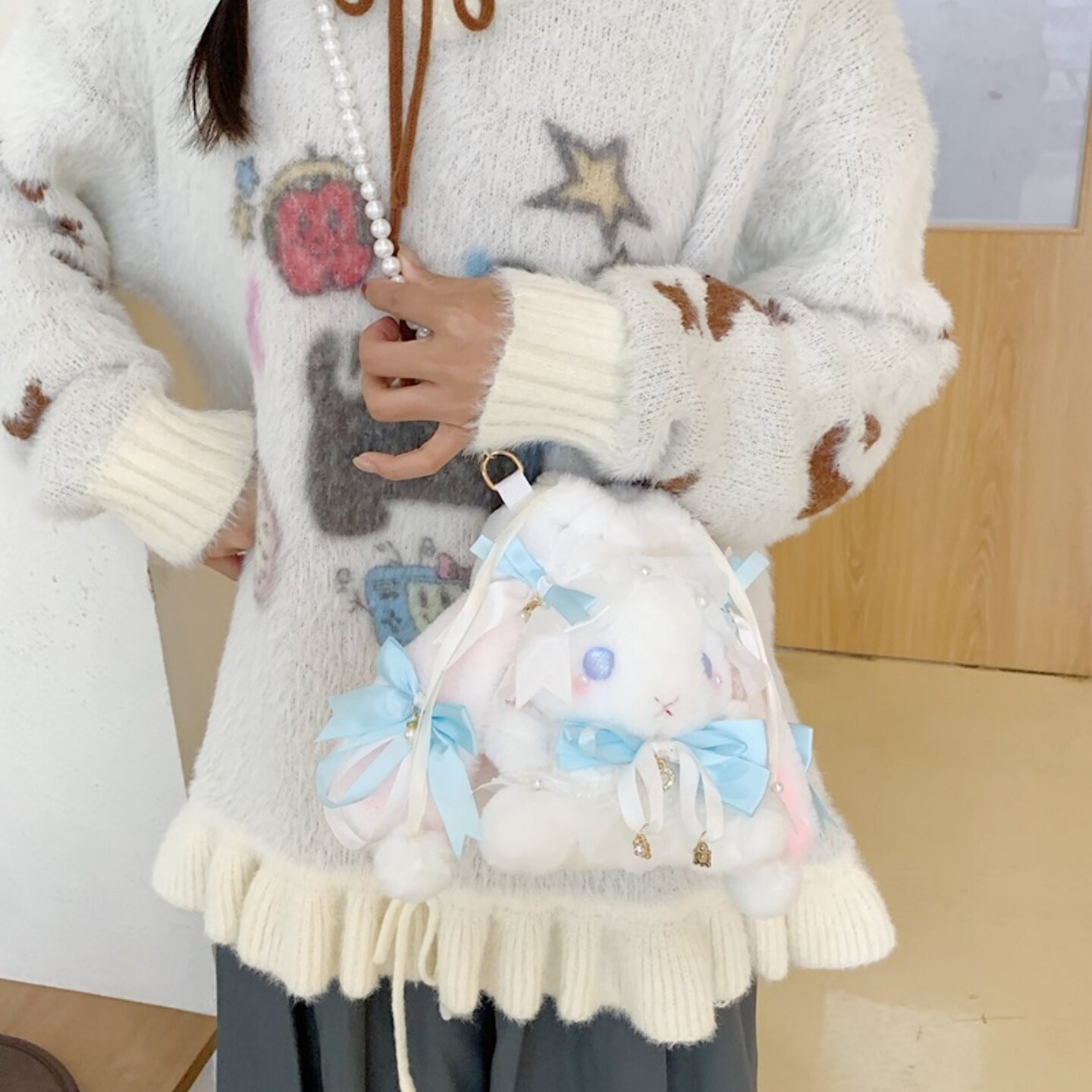 蝴蝶结抽绳兔子双肩背包