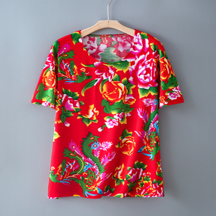 潮流半袖 男装 网红大花衣服 绵绸夏季 搞笑上衣 T恤东北大花布短袖