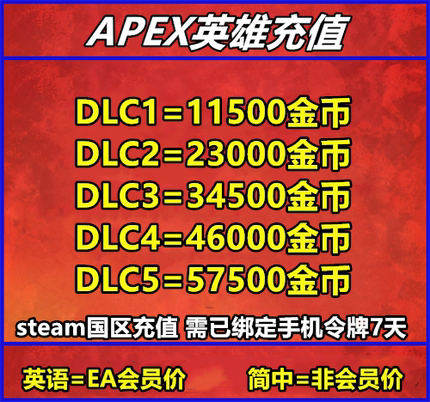 Apex金币充值 国区硬币 11500点数代充 steam传家宝充值 官网代购