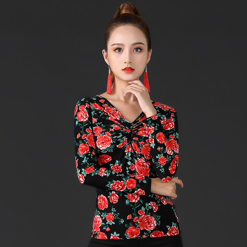 春夏新款拉丁舞长袖上衣女舞蹈练功服成人广场舞交谊舞练功舞服