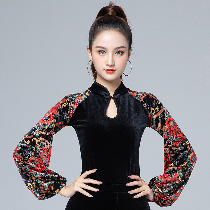 拉丁舞练功服上衣秋冬女韩国绒新款成人舞蹈衣交谊舞摩登舞表演服