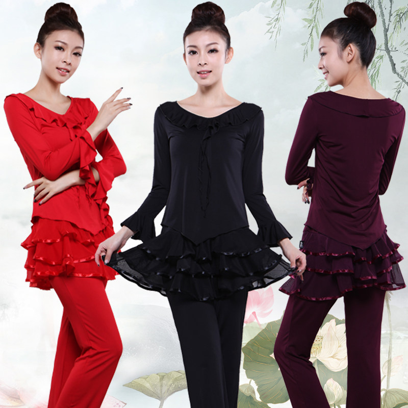 新款广场舞服装长袖套装夏季喇叭袖舞蹈服装成人女练功演出舞服