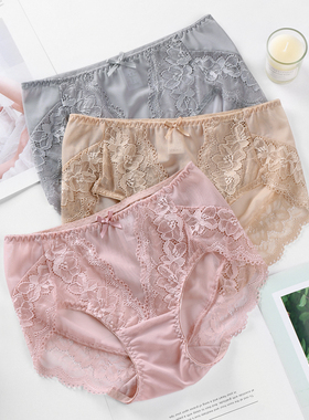 内裤女蕾丝日系网纱透视中高腰大码胖mm纯棉裆黑色无痕短裤三角裤
