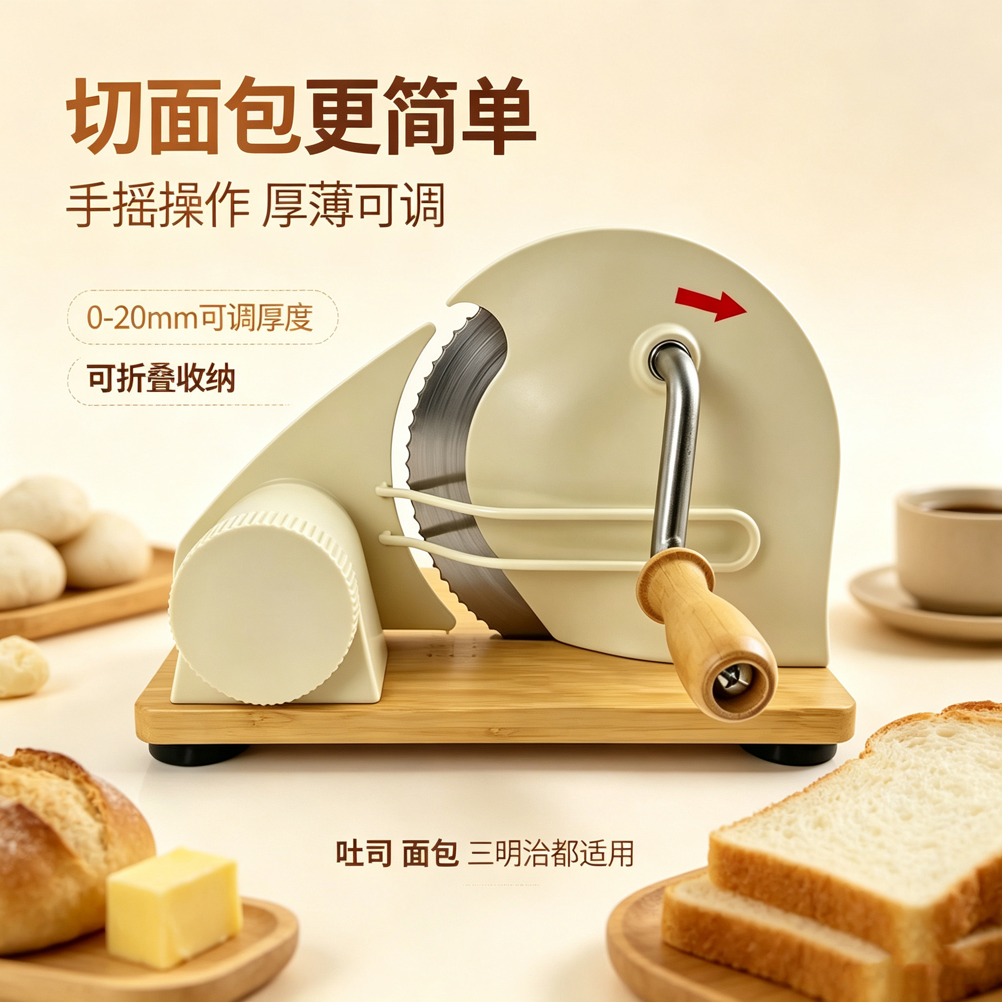 家用手摇式面包切片机 不锈钢圆刀片可折叠底座 家庭烘焙小设备图片