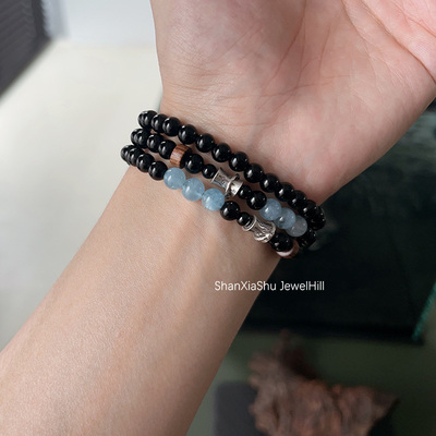 山下树 时来运转 天然乌金黑曜石银转运腰珠老矿海蓝宝情侣手串