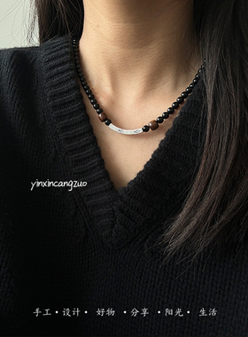 原创设计天然乌金黑曜石纯银鱼管好寓意锁骨链情侣项链简约百搭款