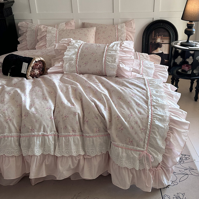 法式少女花边四件套水洗纯棉床上用品粉色全棉床单碎花被套公主风