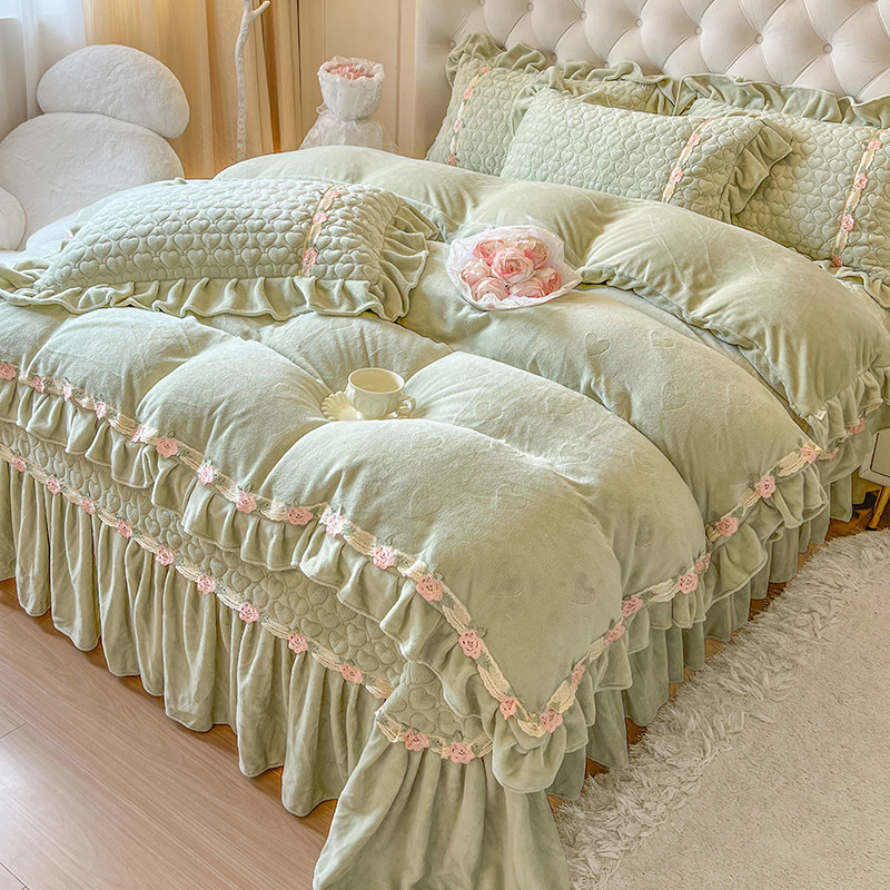 韩式绿色公主风牛奶绒四件套蕾丝花边珊瑚绒被套加厚床单秋冬床品