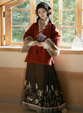 吾欣怡原创[冬日晏]明制直领短袄冬季保暖毛呢对穿交日常汉服套装