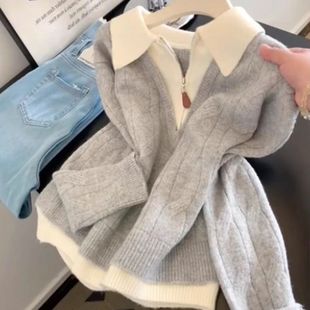 温柔风半拉链假两件毛衣女2026秋冬大码 胖MM宽松百搭软糯针织上衣