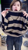 减龄显瘦V领针织妈妈小衫 长袖 时尚 宽松条纹针织衫 毛衣女春季 新款
