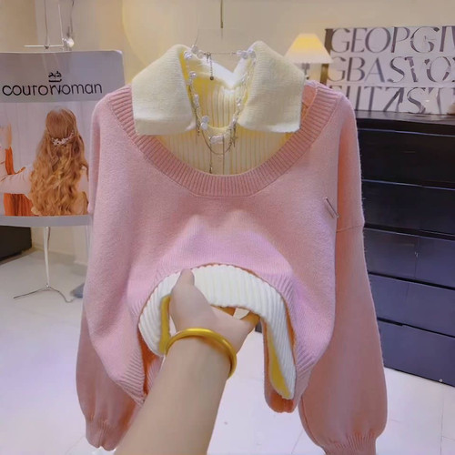 小众秋季新款穿搭polo领长袖针织衫女高级感别致毛衣叠穿两件套潮