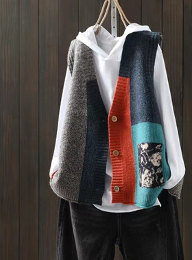 复古针织马甲开衫春秋2025新款宽松设计感马夹毛衣背心女外搭坎肩