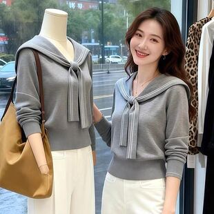 短款 毛衣百搭设计感时尚 上衣女 针织衫 韩系学院风海军领2025早秋季