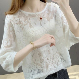 春夏装2025新款圆领镂空宽松针织衫女薄款罩衫洋气百搭打底衫上衣